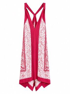 BCBGMAXAZRIA Red & White Floral Handkerchief Hem Sleeveless Midi Dress Size L